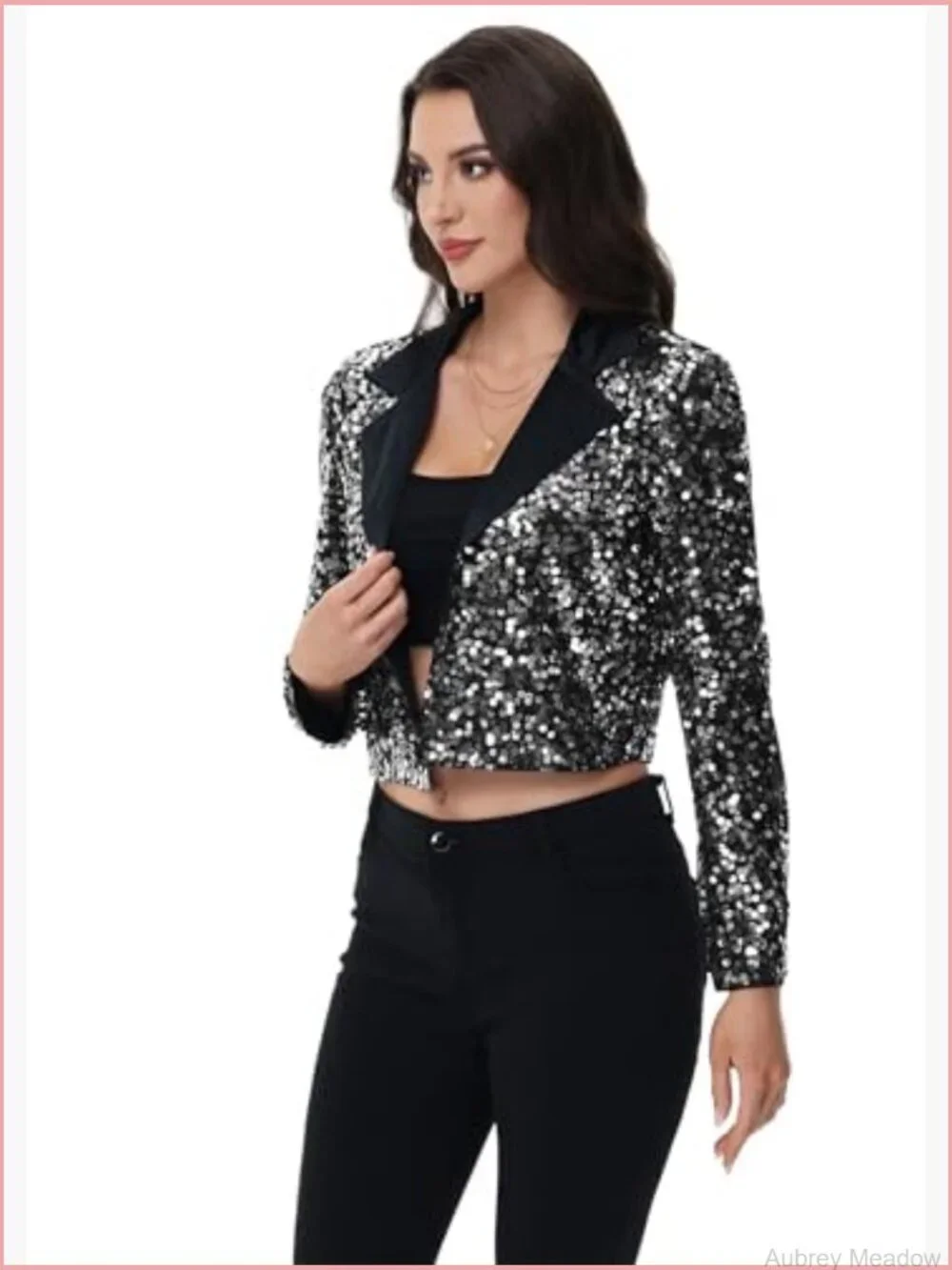 Cropped Sequin Blazer Long Sleeve Satin Lapel Party Club Cardigan